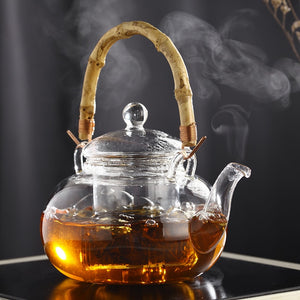 Glass 600ml bamboo joint lifting handle teapot with infuser glass pot