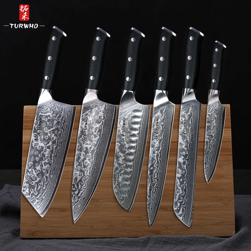 6-Pc Set  Kitchen Knives,  High Carbon Japanese VG10 Damascus Steel: Chef, Santoku, Cleaver, Bread, Utility,    G10 Handle